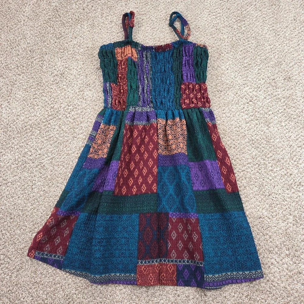 Earthbound Trading Co Patchwork Boho Smocked Bodice Spaghetti Strap Dress Small